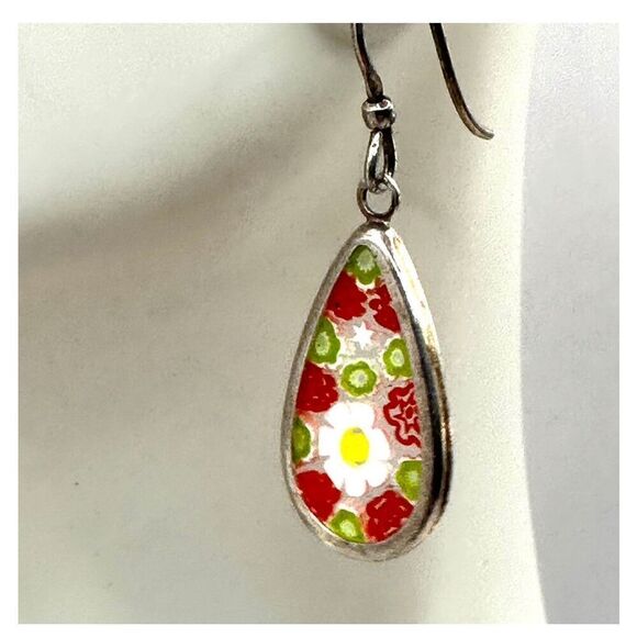 Murano millefiori teardrop sterling silver earrings - Picture 2 of 11